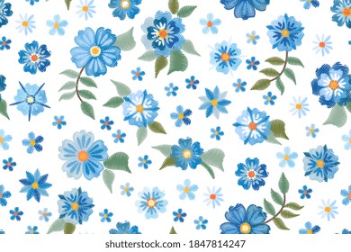El bordado es un patrón sin fisuras con flores salvajes azules sobre fondo blanco. Diseño de moda para tela, textil, papel envolvente. Papel de fantasía. Ilustración vectorial.