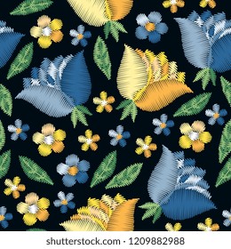 Embroidery seamless pattern with blue and yellow flowers on black background. Vector illustration.