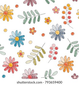 Embroidery seamless pattern with bright flowers, leaves and berries on white background. Vector illustration. 