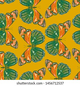 Embroidery  seamless pattern of colorful butterflies retro mood. Vector embroidered design for fashion wearing, fabric, wallpaper and all prints on retro yellow background color