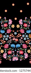 Embroidery seamless pattern with colorful flowers on black background. Fashion design for fabric. Satin stitch. Vector illustration.