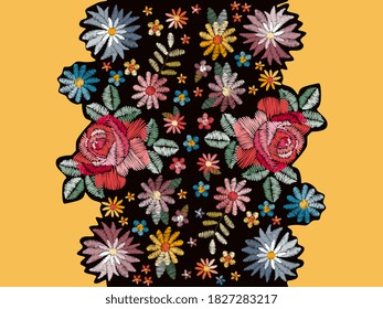 Embroidery seamless pattern with colorful flowers. Vertical border line.