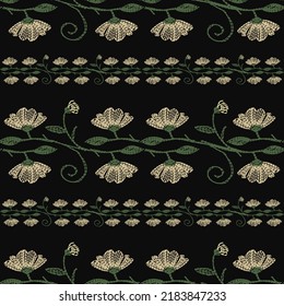 Embroidery seamless pattern with cute flowers on black background for fabric textile.