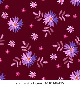 Embroidery seamless pattern with fantasy flowers and leaves. Beautiful print for fabric and textile. Fancywork fashion design.