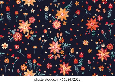 Stickereien nahtloses Muster mit Blumen und Blättern im Folklostil. Schöner Stoffdruck