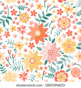 Embroidery seamless pattern with flowers and leaves in folk style. Print for fabric and textile. Embroidered fashion design.