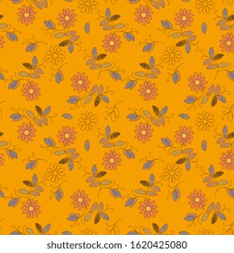 Embroidery seamless pattern with flowers on orange background. Summer design. Print for fabric.