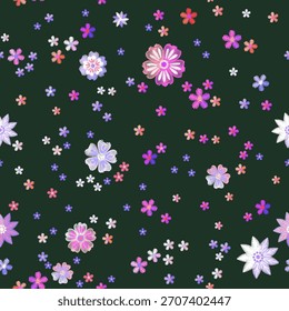 Patrón sin fisuras del bordado. Flores sobre fondo negro. Impresión para tela, textil, papel de embalaje.