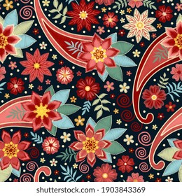 Embroidery seamless pattern with flowers and paisley. Beautiful vector design with indian, russian motifs. Print for fashion fabric.