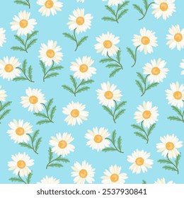 Embroidery seamless pattern with flowers. White chamomiles on blue background