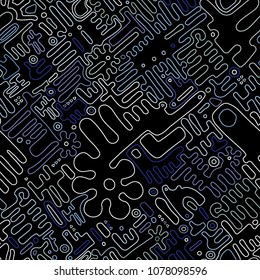 Embroidery seamless pattern. Geometric Colorful stitchs on a black background. Endless repeat modern embroidery line. Tribal art ornament for fashion, fabric pattern textile, home decor. Vector print.