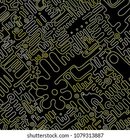 Embroidery seamless pattern. Geometric Colorful stitchs on a black background. Endless repeat modern embroidery line. Tribal art ornament for fashion, fabric pattern textile, home decor. Vector print.