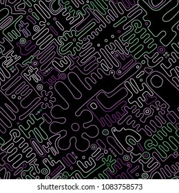 Embroidery seamless pattern. Geometric Colorful stitchs on a black background. Endless repeat modern embroidery line. Tribal art ornament for fashion, fabric pattern textile, home decor. Vector print.