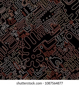 Embroidery seamless pattern. Geometric Colorful stitchs on a black background. Endless repeat modern embroidery line. Tribal art ornament for fashion, fabric pattern textile, home decor. Vector print.