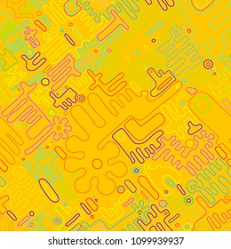 Embroidery seamless pattern. Geometric Colorful stitchs on yellow background. Endless repeat modern embroidery line. Tribal art ornament for fashion, fabric pattern textile, home decor. Vector print.