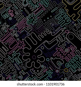 Embroidery seamless pattern. Geometric Colorful stitchs on a black background. Endless repeat modern embroidery line. Tribal art ornament for fashion, fabric pattern textile, home decor. Vector print.