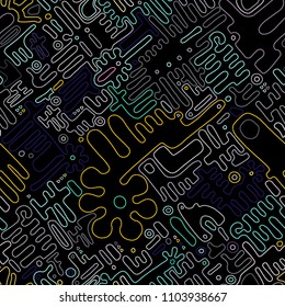 Embroidery seamless pattern. Geometric Colorful stitchs on a black background. Endless repeat modern embroidery line. Tribal art ornament for fashion, fabric pattern textile, home decor. Vector print.