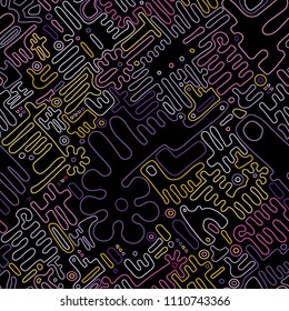 Embroidery seamless pattern. Geometric Colorful stitchs on a black background. Endless repeat modern embroidery line. Tribal art ornament for fashion, fabric pattern textile, home decor. Vector print.