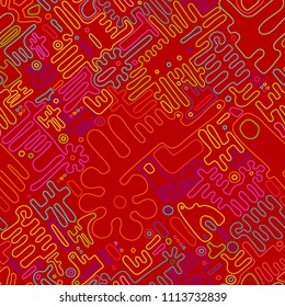Embroidery seamless pattern. Geometric Colorful stitchs on a red background. Endless repeat modern embroidery line. Tribal art ornament for fashion, fabric pattern textile, home decor. Vector print.