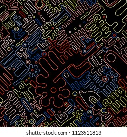Embroidery seamless pattern. Geometric Colorful stitchs on a black background. Endless repeat modern embroidery line. Tribal art ornament for fashion, fabric pattern textile, home decor. Vector print.