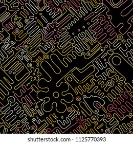 Embroidery seamless pattern. Geometric Colorful stitchs on a black background. Endless repeat modern embroidery line. Tribal art ornament for fashion, fabric pattern textile, home decor. Vector print.