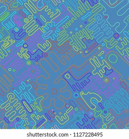 Embroidery seamless pattern. Geometric Colorful stitchs on a blue background. Endless repeat modern embroidery line. Tribal art ornament for fashion, fabric pattern textile, home decor. Vector print.