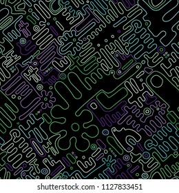 Embroidery seamless pattern. Geometric Colorful stitchs on a black background. Endless repeat modern embroidery line. Tribal art ornament for fashion, fabric pattern textile, home decor. Vector print.