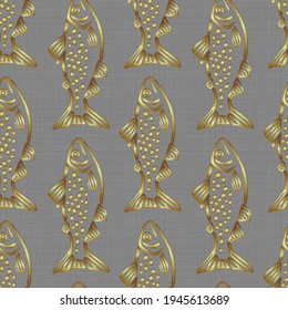 El bordado es un patrón sin fisuras con peces dorados sobre fondo de lino para el diseño de ropa. Diseño de arras para tela, tapicería