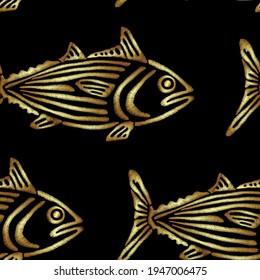 Stickereien nahtloses Muster mit goldenem Fisch auf schwarzem Hintergrund für Kleidungsdesign. Arras-Design für Gewebe, Wallpaper