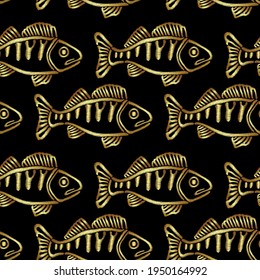 El bordado es un patrón sin fisuras con peces dorados sobre fondo negro para el diseño de ropa. Diseño de arras para tela, tapicería