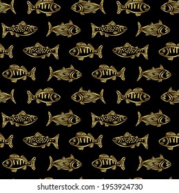 Embroidery seamless pattern with gold fish on black background for clothing design. Arras design for fabric, wallpapers