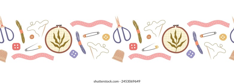 Stickerei nahtlose Muster. Reifen, Zahnseide, Schere, Nadeln. Vektorillustration für Ihr Design