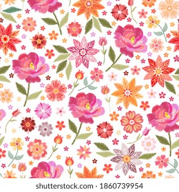 El bordado es un patrón impecable con flores rojas, rosas y amarillas sobre fondo blanco. Diseño de verano. Plantilla para ropa, textiles, vestidos de moda.