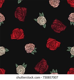 Embroidery seamless pattern with roses. Vector embroidered traditional floral design for fabric. Flowers on black background.