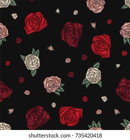 Embroidery seamless pattern with roses. Vector floral design for fashion fabric. Flowers on black background.