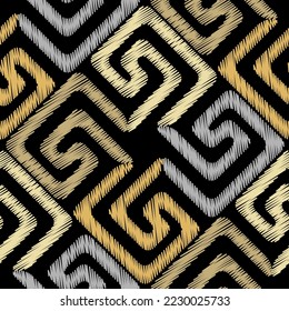 El bordado es un patrón sin fisuras. Fondo ornamental de tapicería. Ornamentos griegos con colcha. Textura interminable bordada. Diseño moderno con eclosiones, líneas, llave griega, serpenteantes. Textura interminable de bordado.