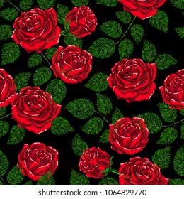 Embroidery seamless pattern texture, wallpaper, background with beautiful roses. Vector floral ornament on black background. Template for printing, textiles, design