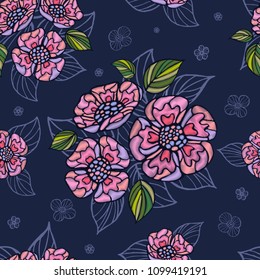 Embroidery seamless pattern tree leaves, flowers tropical art patch. Fashionable embroidery tropical summer background. Template design clothes, t shirt. Hand drawn vector.