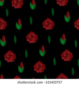 Embroidery. Seamless pattern. Vector illustration. Repeating background. Red roses on black.