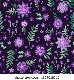Patrón transparente con flores silvestres violetas y hojas verdes