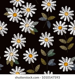 Embroidery seamless pattern with white daisies on black background. Vector illustration.