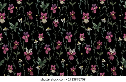 Embroidery seamless romantic pattern with violets. Traditional vector seamless pattern for wearing design.