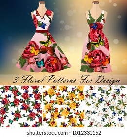 embroidery seamless rose and butterflies patterns with dress template. Romantic textile set. Summer dress or night dress design