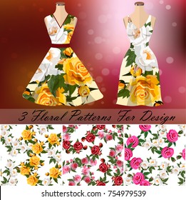 embroidery seamless rose pattens with dress template. Romantic textile set. Summer dress or night dress design