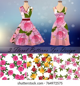 embroidery seamless rose pattens with dress template. Romantic textile set. Summer dress or night dress design
