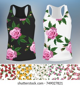embroidery seamless rose pattens with t-short template. Romantic textile set