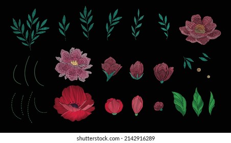 Embroidery set constructor with beautiful flowers. Vector handmade floral ornament on dark background. Embroidery for fashion products. Elegant tiled design, best for print fabric or papper and more.