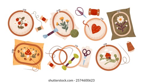 Embroidery set for creative hobby. Embroidery tools, hoops, needles, and yarns. Flat vector illustration.