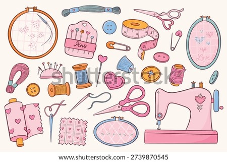 Embroidery and sewing doodles, cartoon elements collection for stickers, prints, planners, cards, banners, products packaging, etc. EPS 10