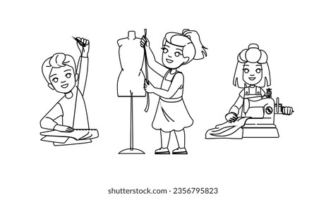 embroidery sewing kid vector. child girl, paper work, thread handicraft embroidery sewing kid character. people black line illustration